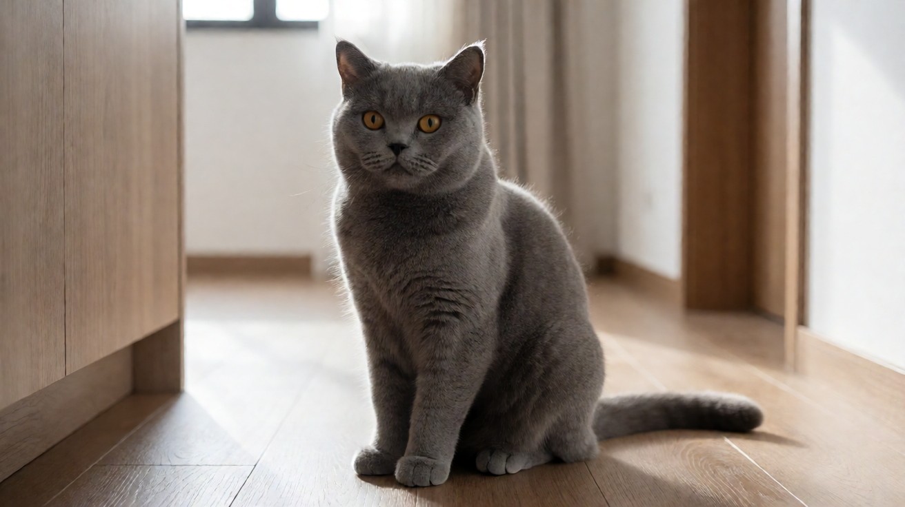 Kucing British Shorthair dengan bulu biru-abu yang tenang
