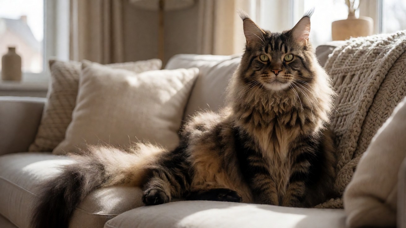 Kucing Maine Coon dengan bulu tebal dan ekor panjang di sofa