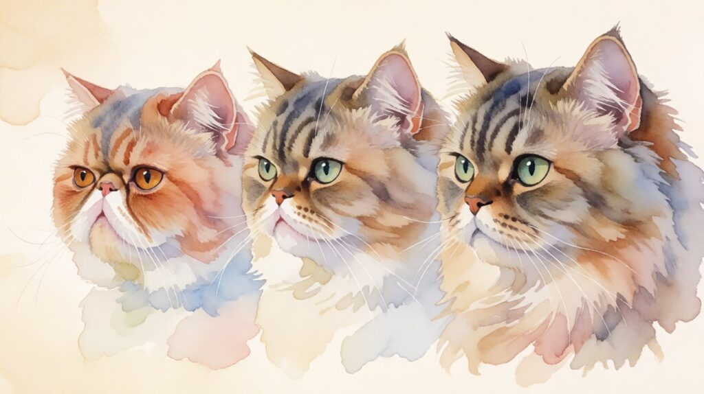 Watercolor illustration comparing three Persian cat faces from flat-faced to longer-nosed, showing the medium-bridge type in the middle, used as featured image for an article explaining what Persia Medium cats are and their 2026 price ranges in Indonesia.