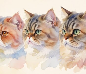Watercolor illustration comparing three Persian cat faces from flat-faced to longer-nosed, showing the medium-bridge type in the middle, used as featured image for an article explaining what Persia Medium cats are and their 2026 price ranges in Indonesia.