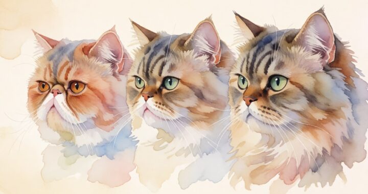 Watercolor illustration comparing three Persian cat faces from flat-faced to longer-nosed, showing the medium-bridge type in the middle, used as featured image for an article explaining what Persia Medium cats are and their 2026 price ranges in Indonesia.