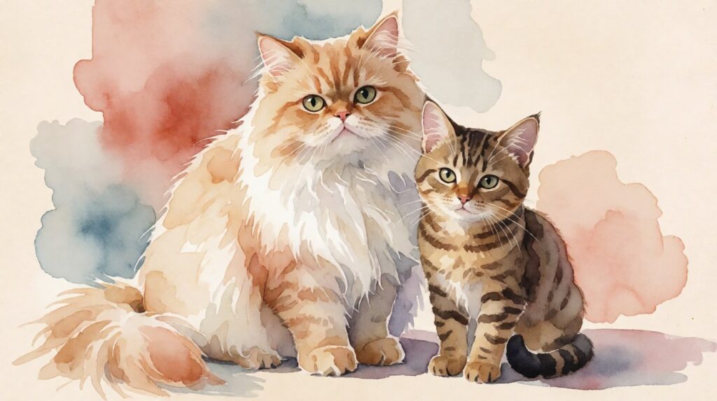 Soft watercolor illustration of a long-haired Persian cat and a small tabby Indonesian cat together, used as featured image for an article about mixed Persian-local cat pricing in Indonesia 2026.