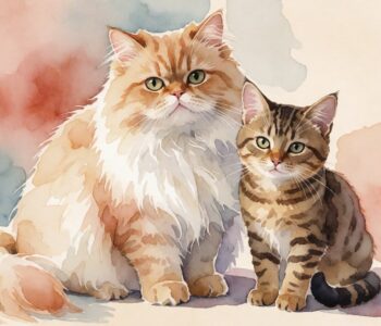 Soft watercolor illustration of a long-haired Persian cat and a small tabby Indonesian cat together, used as featured image for an article about mixed Persian-local cat pricing in Indonesia 2026.