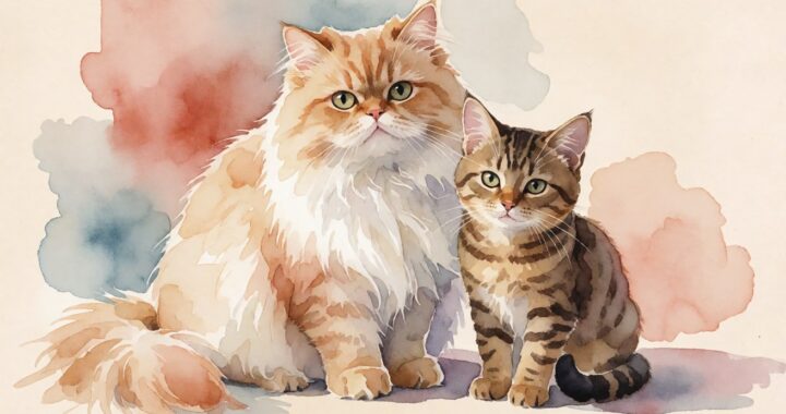 Soft watercolor illustration of a long-haired Persian cat and a small tabby Indonesian cat together, used as featured image for an article about mixed Persian-local cat pricing in Indonesia 2026.