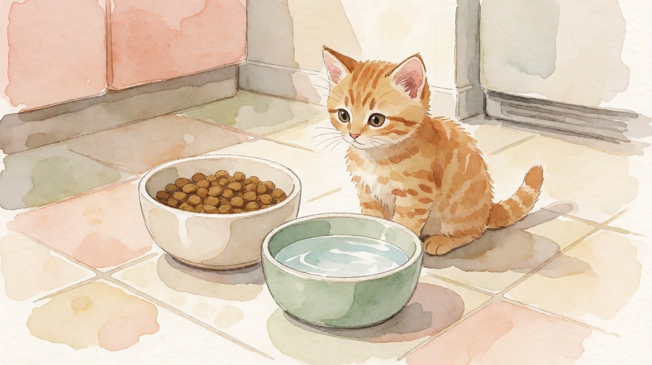 Kucing kecil berwarna oranye duduk di samping dua mangkuk makanan dan air