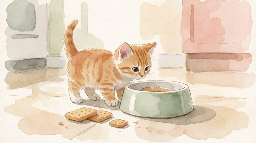 Kucing kecil berwarna oranye mengendus makanan di dekat mangkuk
