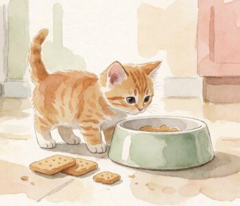 Kucing kecil berwarna oranye mengendus makanan di dekat mangkuk