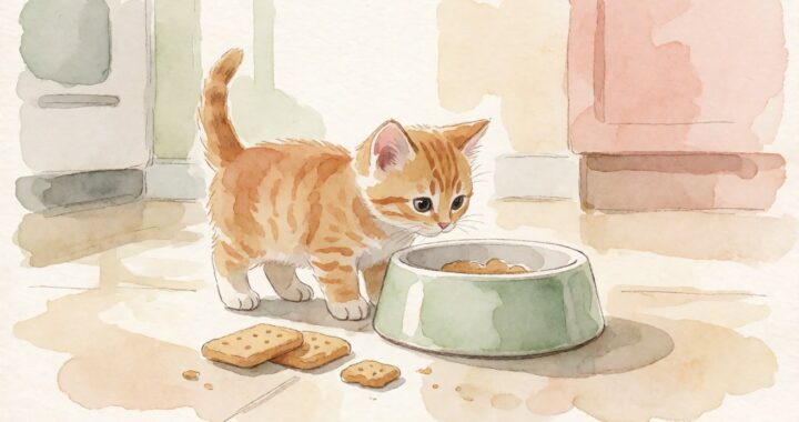 Kucing kecil berwarna oranye mengendus makanan di dekat mangkuk