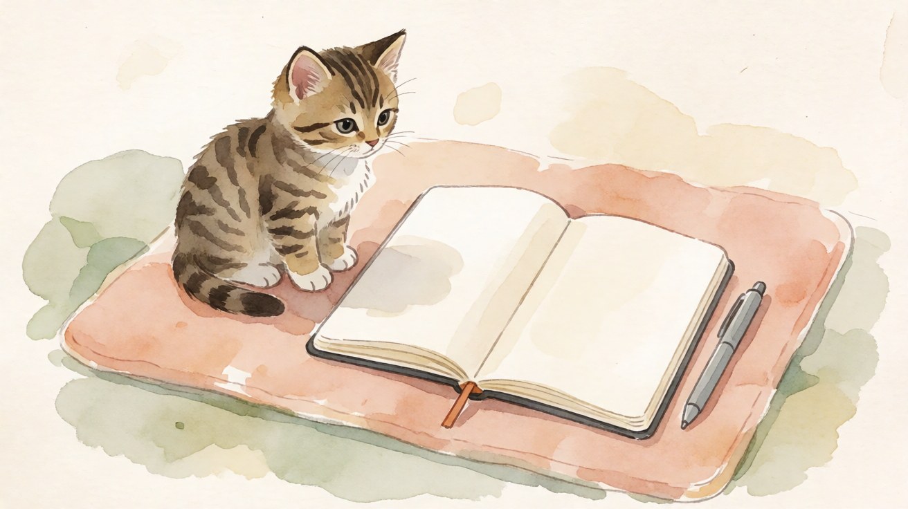 Kucing kecil duduk di samping buku catatan kosong dan pena