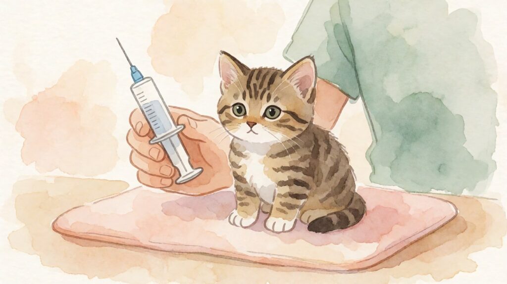 Kucing kecil duduk tenang di atas alas bersama suntikan tanpa label