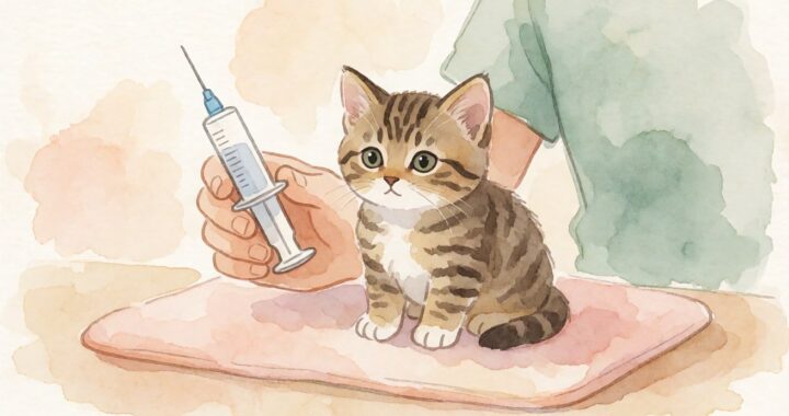 Kucing kecil duduk tenang di atas alas bersama suntikan tanpa label