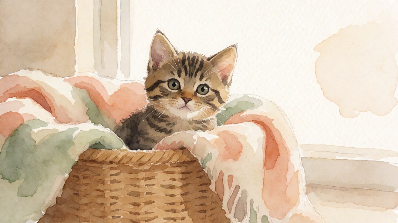 Kucing kecil mengintip dari keranjang dengan selimut lembut