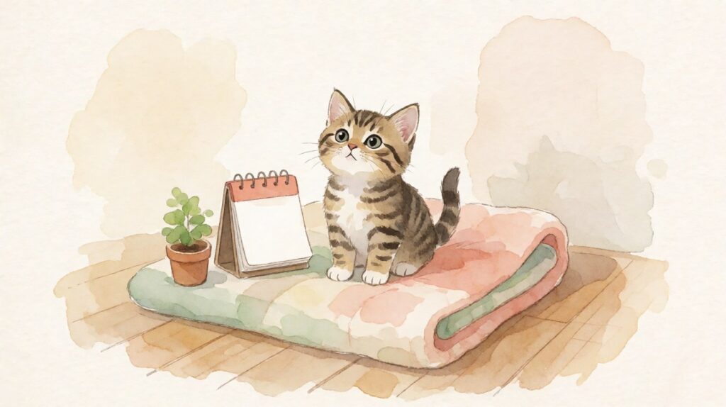 Kucing kecil duduk di atas selimut dengan kalender kosong di sampingnya
