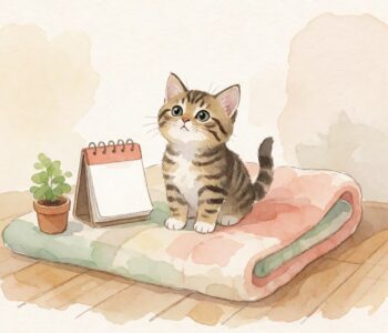 Kucing kecil duduk di atas selimut dengan kalender kosong di sampingnya