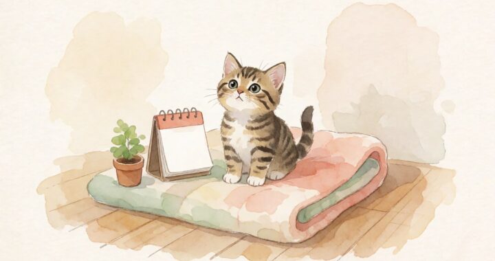 Kucing kecil duduk di atas selimut dengan kalender kosong di sampingnya