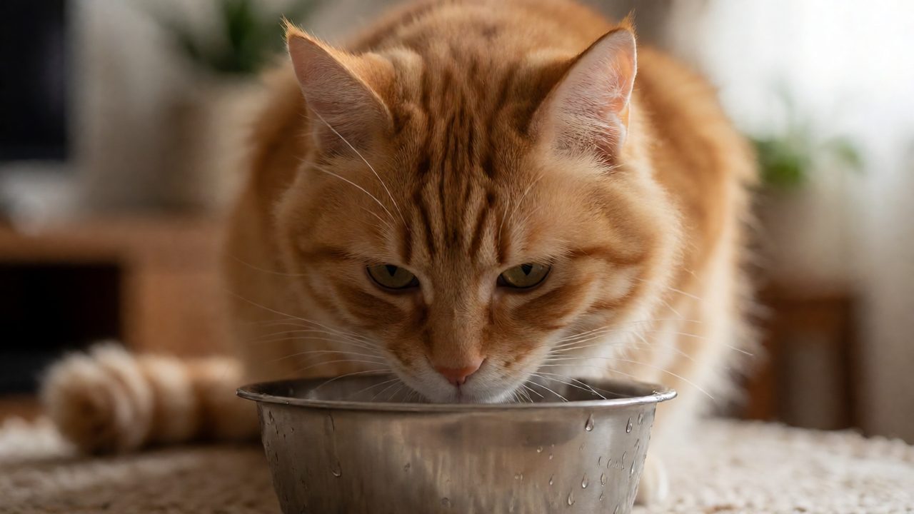 Kucing diare minum air bersih dari mangkuk stainless steel untuk cegah dehidrasi