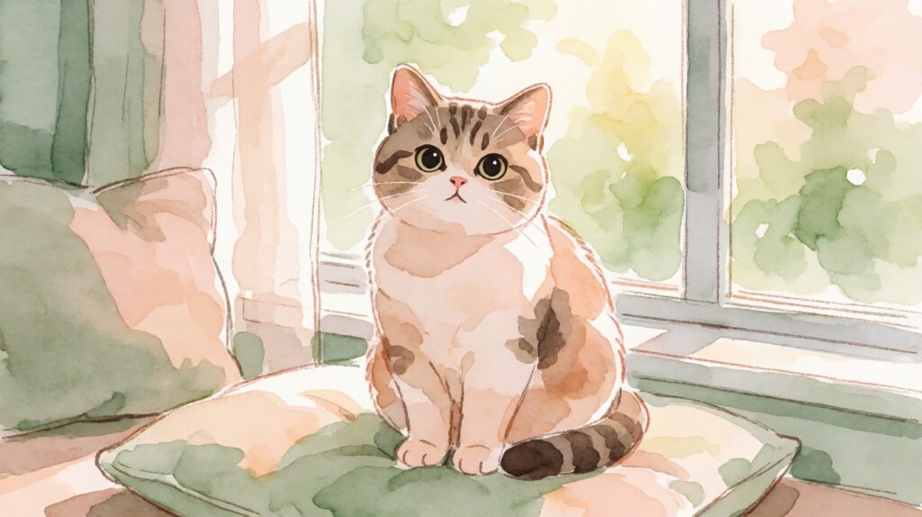 Kucing domestik lucu duduk di atas bantal paruh di dekat jendela, ilustrasi air hangat pastel