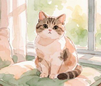 Kucing domestik lucu duduk di atas bantal paruh di dekat jendela, ilustrasi air hangat pastel