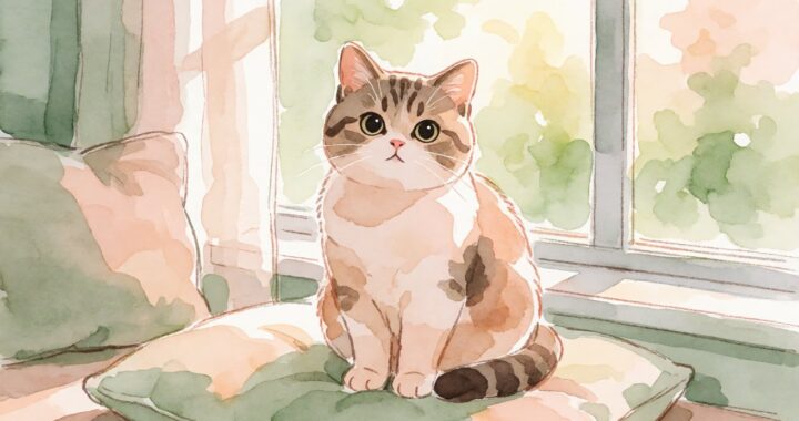 Kucing domestik lucu duduk di atas bantal paruh di dekat jendela, ilustrasi air hangat pastel